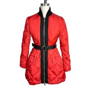 Miu Miu Quilted Down Puffer Jacket Red Black Belted Coat EU 36